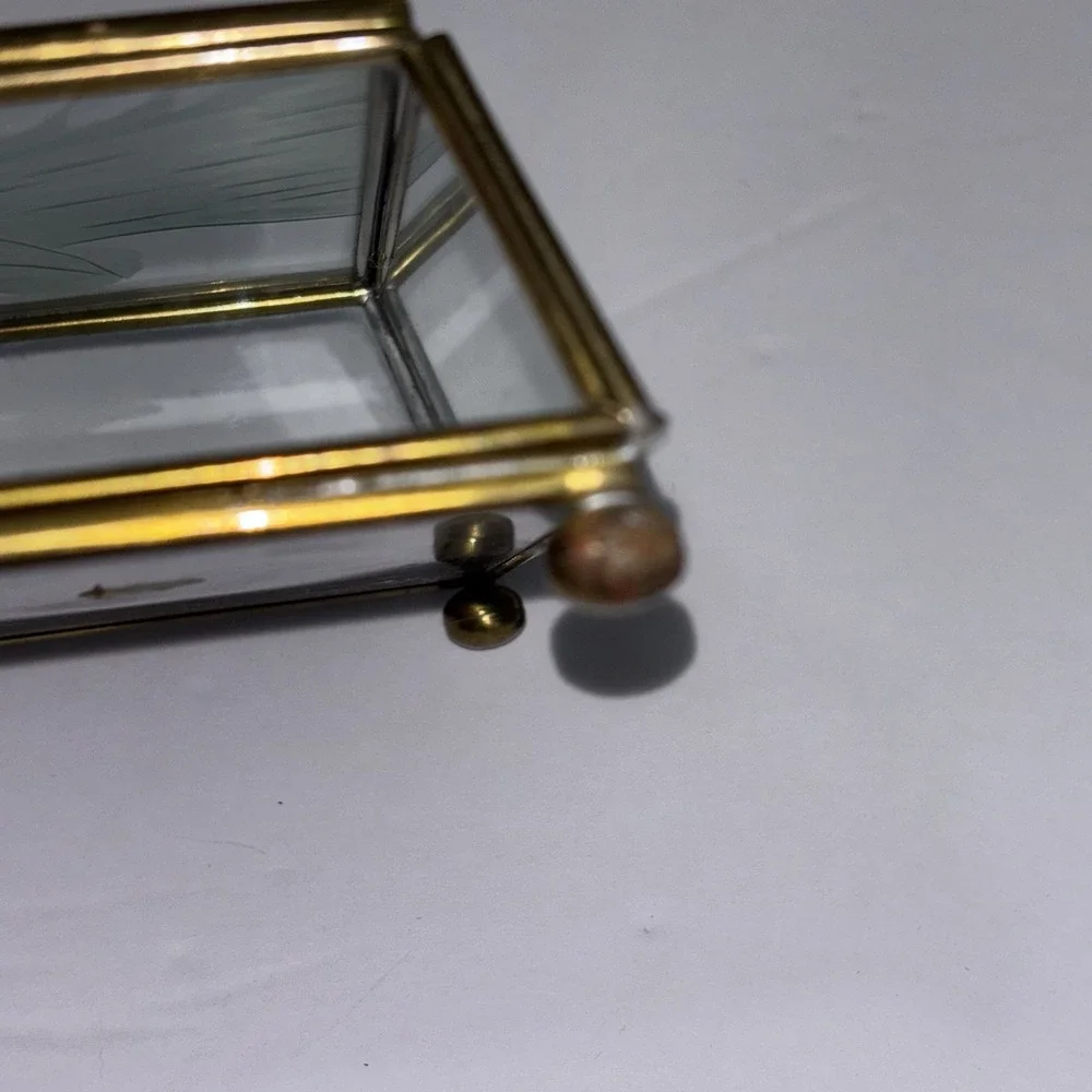 Vtg Brass w/ Etched UNICORN Glass Lid & Mirror Hinged Curio Jewelry Trinket Box
